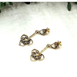 Gold-Tone Filigree Key Dangle Earrings With Faux Pearl Accents
